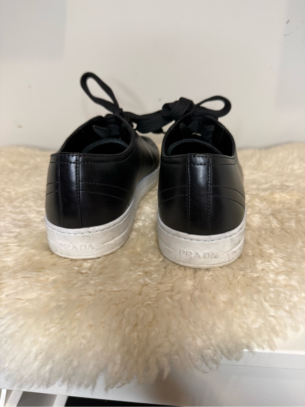 Women’s Prada Black Leather Low-Top Sneakers with White Sole size 38.5 - Picture 3 of 4